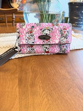 Ed Hardy Pink Tattoo Skull Print Wallet
